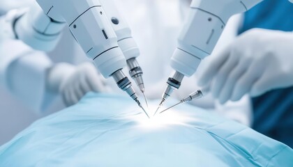 AIdriven robotic arms performing intricate microsurgery with a doctor supervising the process, robotic microsurgery, medical AI