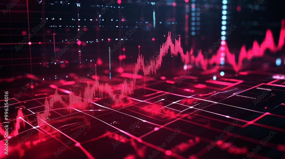 Poster abstract digital graph visualization featuring red lines and data points against a dark background.