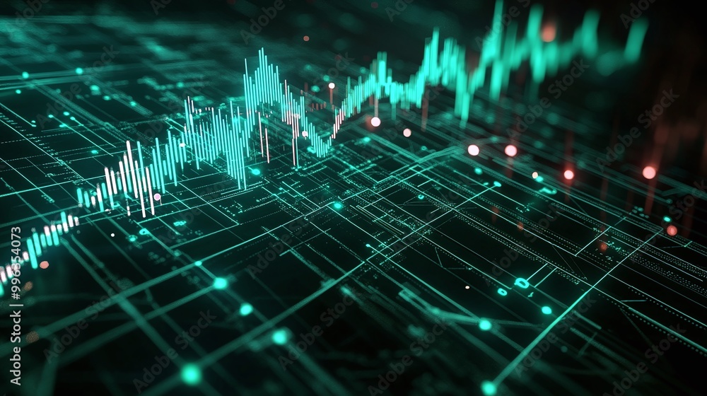 Poster abstract digital graph visualization with glowing lines and data points on a dark background.
