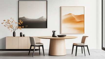 Modern Minimalist Dining Room Interior Design with Wooden Table and Chairs