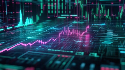 Abstract digital graph showing rising trends in green and pink, representing data analysis and financial growth.