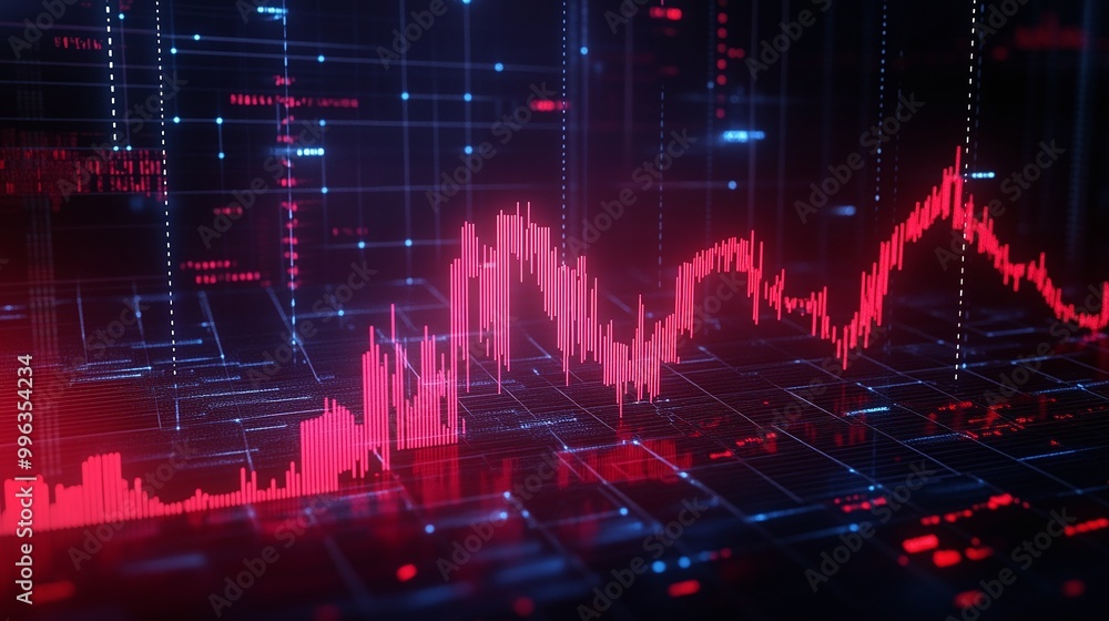 Poster abstract digital graph visualization with red and blue lines on a dark background, representing data