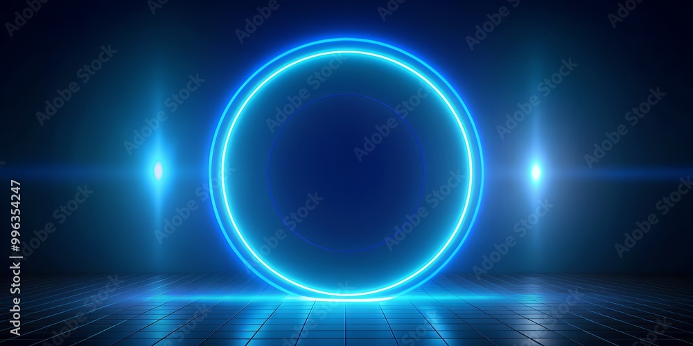 Poster abstract futuristic background of glowing blue neon circle round frame generative ai