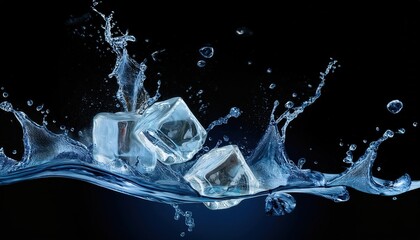 Ice Cubes Splashing into Clear Water with Droplets in Motion Captured Mid-Air Against a Dark Background, Creating a Refreshing, High Energy Moment of Liquid Dynamics and Frozen Elements