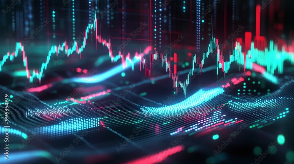 Poster abstract digital graph with fluctuating lines and colorful data points on a dark background.