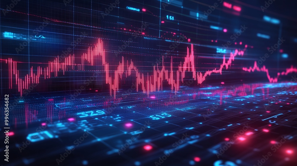 Poster abstract digital graph with fluctuating lines and data points, illustrating market trends and analyt