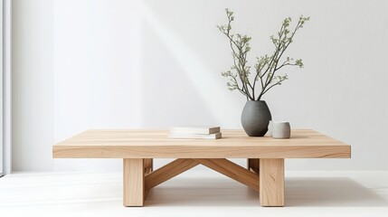 Modern Wooden Coffee Table with Vase and Books in Minimalist Interior