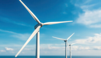 Fototapeta premium Large wind turbine field on a coastline, symbolizing offshore wind power and emissions reduction, offshore wind, clean energy transition