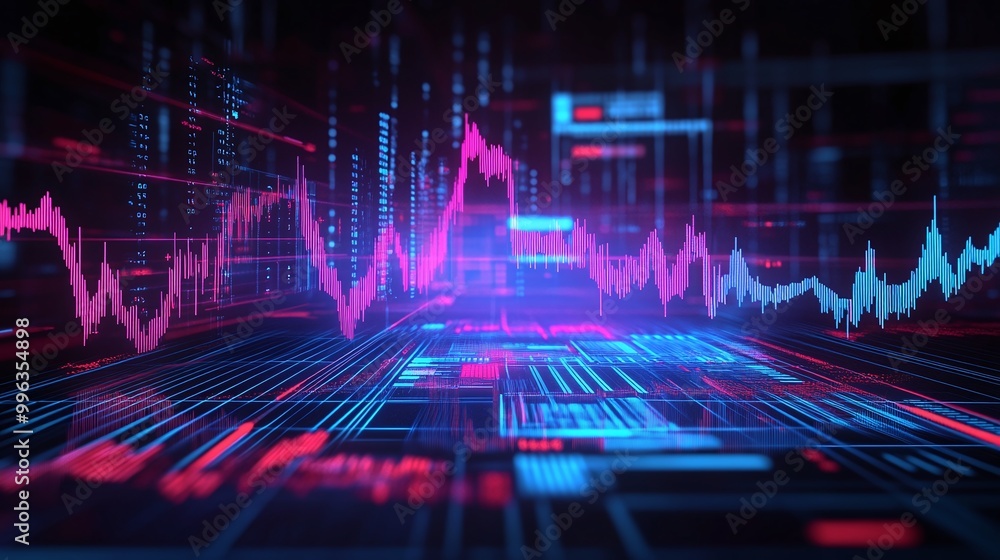 Poster abstract digital graph with glowing lines and bars representing data trends on a dark background.