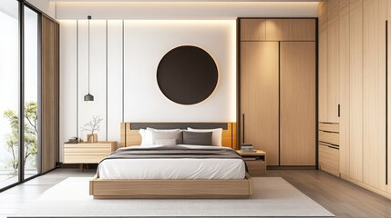 Fototapeta premium Modern Minimalist Bedroom Interior Design with Wooden Accents