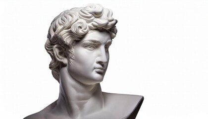 Close-up of Classical Marble Sculpture of a Male Figure with Curled Hair, Captured in an Intense Side Profile Against a Minimalist White Background, Highlighting the Intricate Details of the Carving 