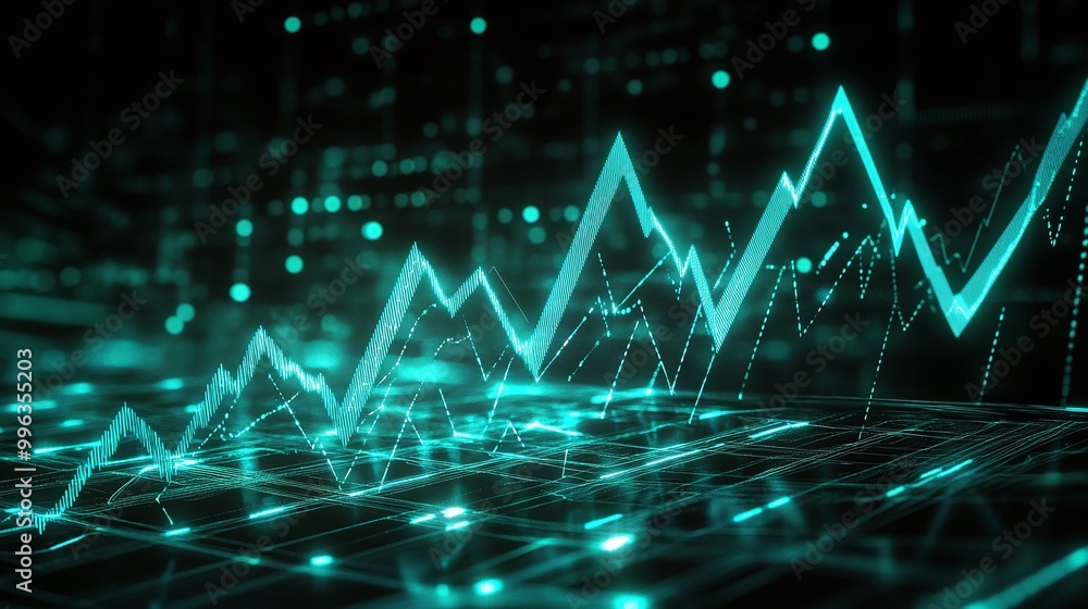 Poster abstract digital graph with glowing peaks representing data analysis and growth.