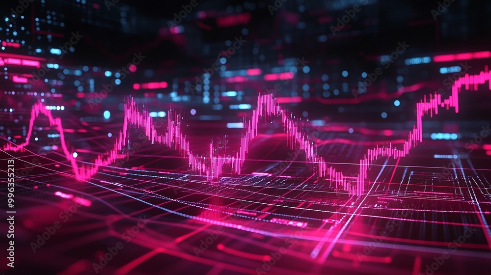 Poster abstract digital graph with glowing pink lines and data points on a futuristic background.