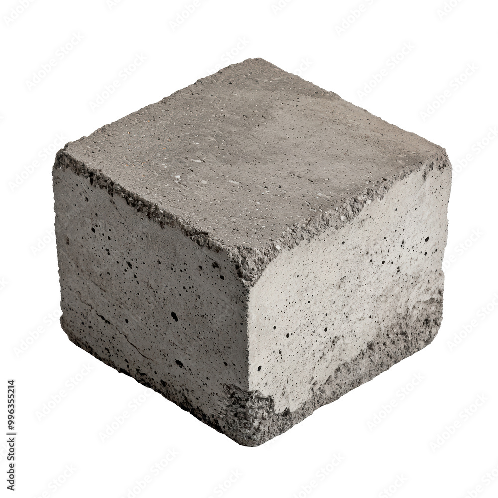 Poster rough concrete building block shown in close up detail with porous surface texture. isolated on tran