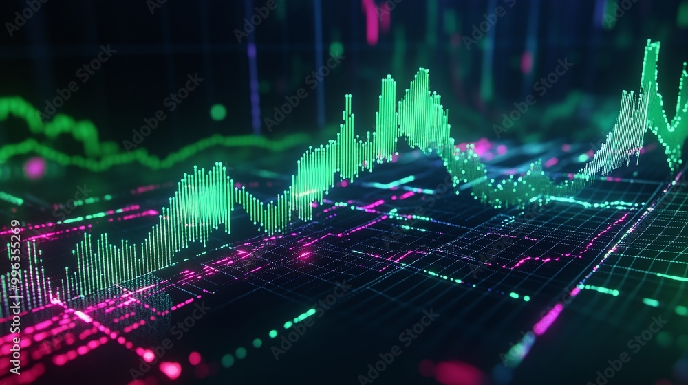Poster abstract digital graph with green and pink lines representing data trends on a dark background.