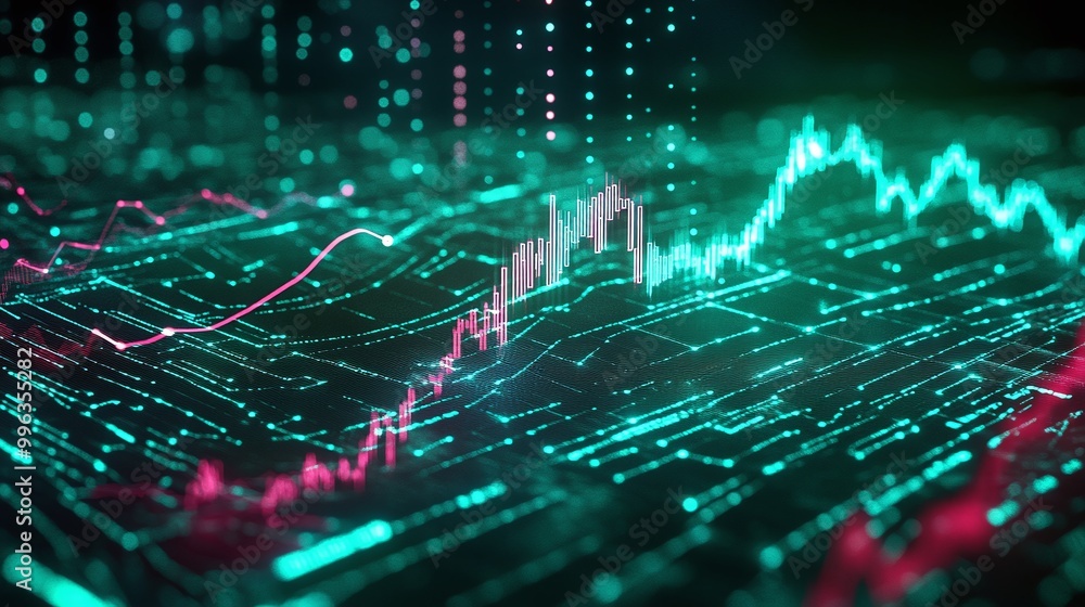Poster abstract digital graph with green and pink lines on a dark background, representing data analysis an