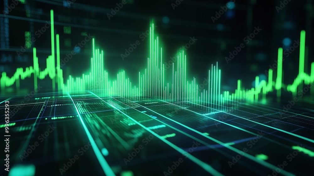 Poster abstract digital graph with green data visualization on a dark background.