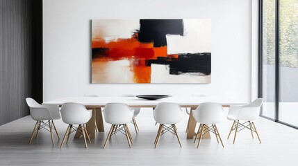 Abstract Painting on White Wall with Dining Table and Chairs