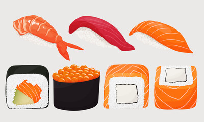 Set of sushi and sashimi. A traditional Japanese dish. Rice with fish. Delicious restaurant food. Vector illustration