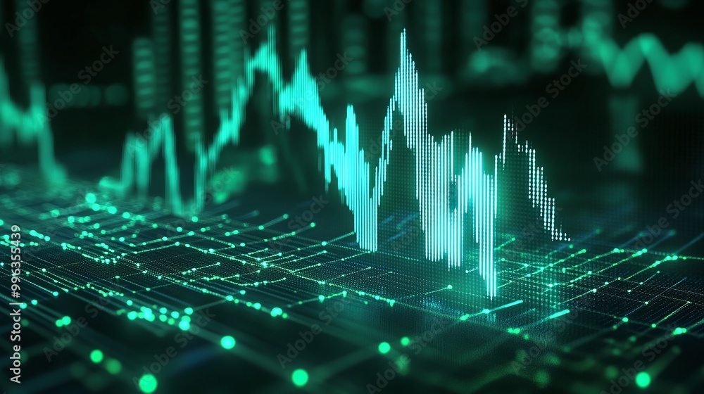 Poster abstract digital graph with green lines and peaks representing data trends and analytics on a dark b