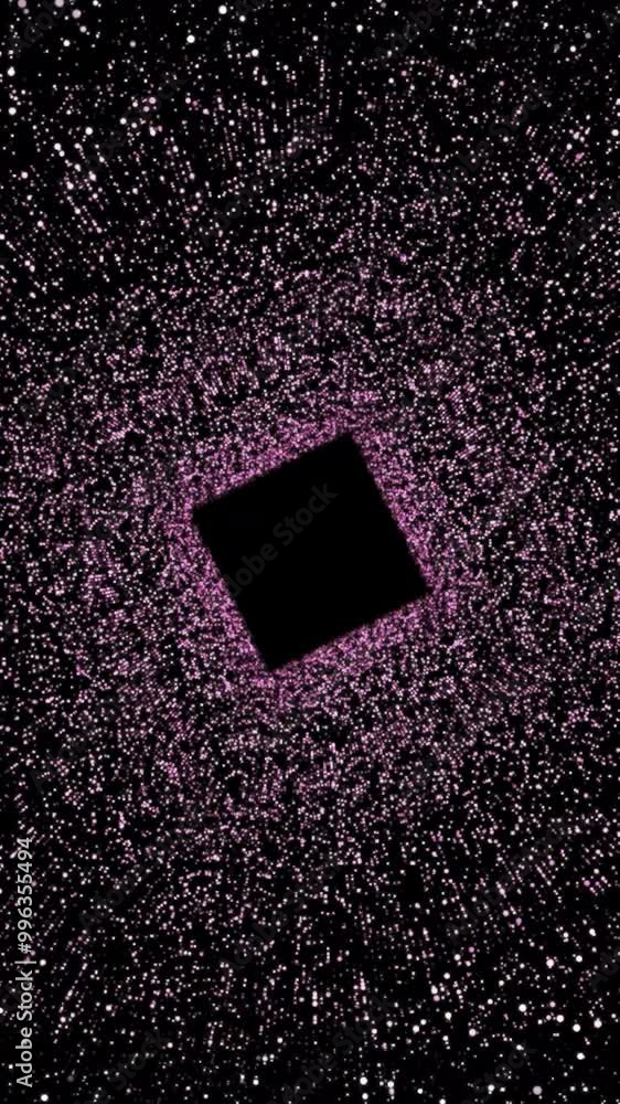 Poster abstract space tunnel with a square surrounded by millions of shining particles. motion. rotating bl