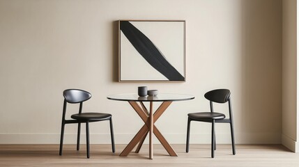 Modern Dining Room Interior with Glass Table and Black Chairs