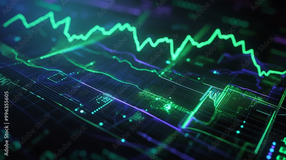 Poster abstract digital graph with green lines illustrating data analysis and trends in a modern technologi