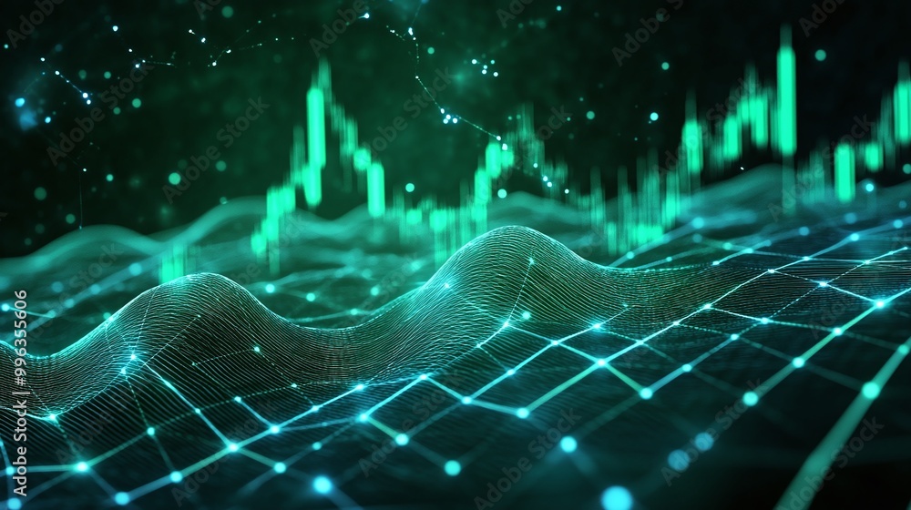 Poster abstract digital graph with green lines and waves, representing data analysis and financial trends.
