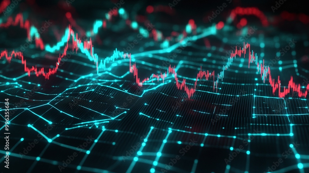 Poster abstract digital graph with neon lines and data points on a dark background, representing financial 