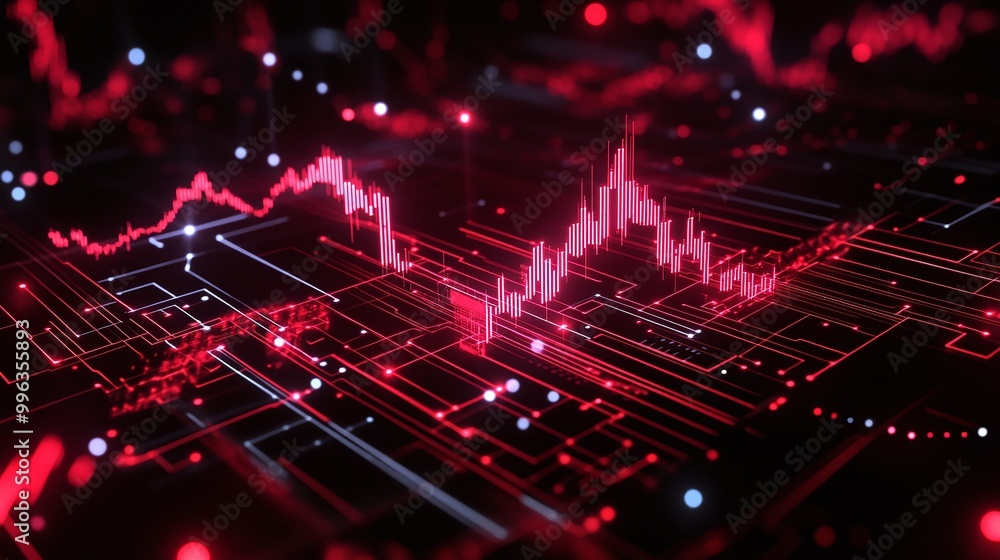 Poster abstract digital graph with red and blue lines representing data analysis and financial trends again