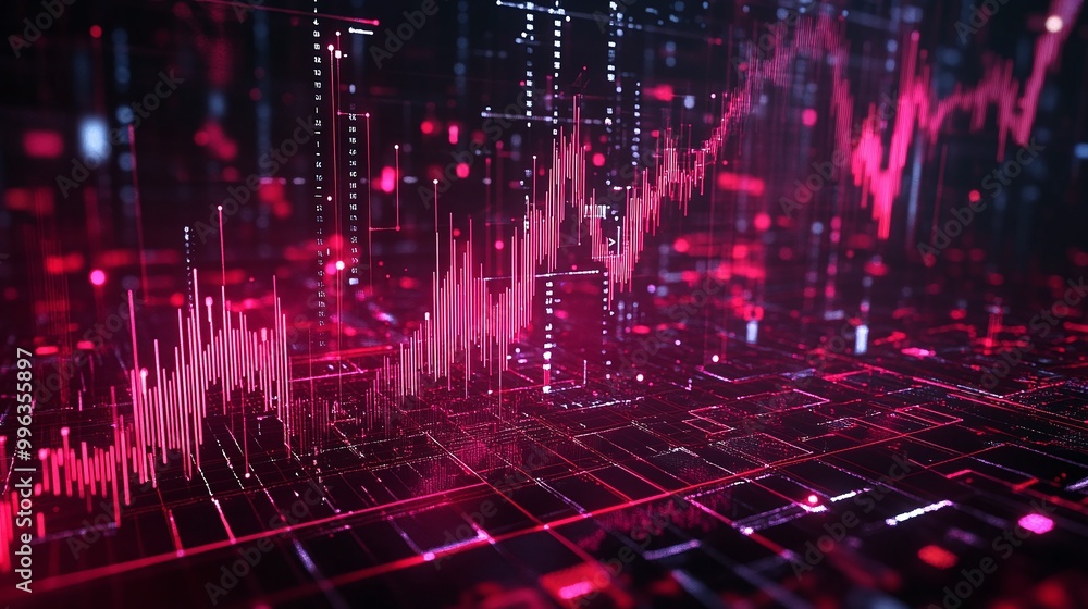 Poster abstract digital graph with pink data spikes on a dark background illustrating financial growth and 