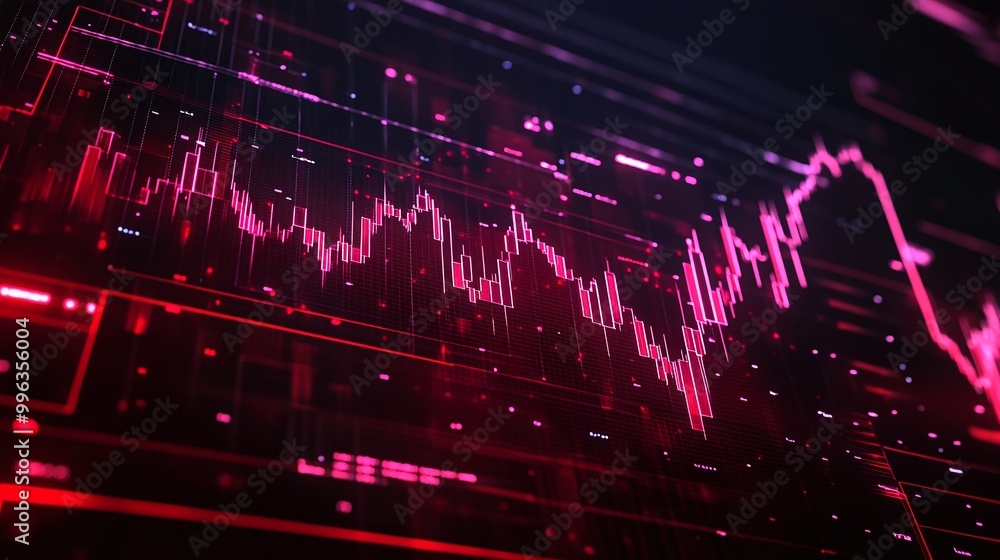 Poster abstract digital graph with red lines against a dark background, depicting financial data trends and