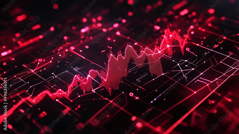 Poster abstract digital graph with red lines and particles representing data analysis and trends on a dark 