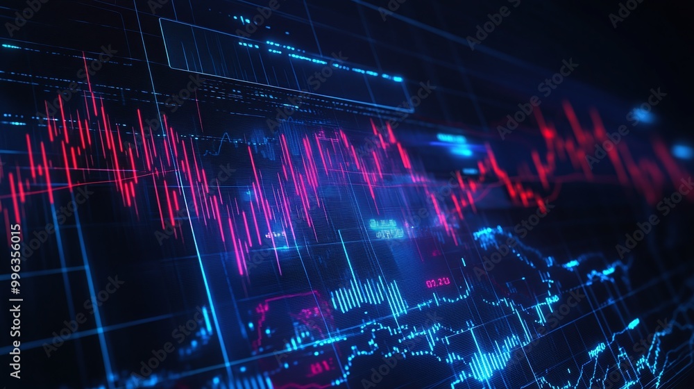 Poster abstract digital graph with red and blue lines representing data analysis and trends on a dark backg