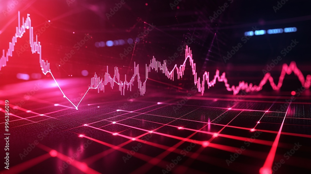 Poster abstract digital graph with red and purple lines on a grid background, visualizing data trends and s