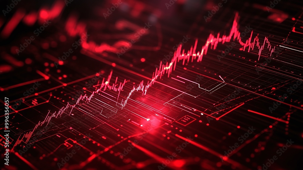 Poster abstract digital graph with red lines on a dark background, depicting growth and data analysis trend