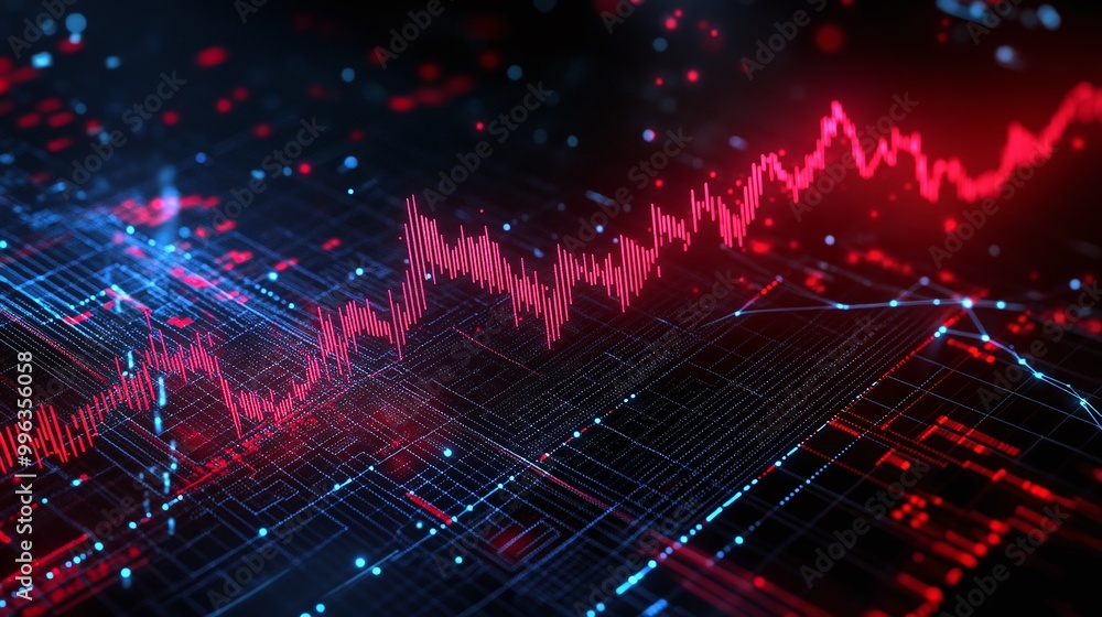 Poster abstract digital graph with red lines on a dark background, symbolizing data trends and analysis.