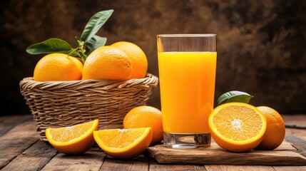 A glass of fresh orange juice with a basket full of oranges on a wooden table, perfect for a healthy lifestyle theme.