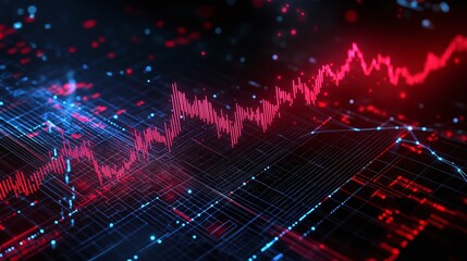 Obraz premium Abstract digital graph with red lines on a dark background, symbolizing data trends and analysis.