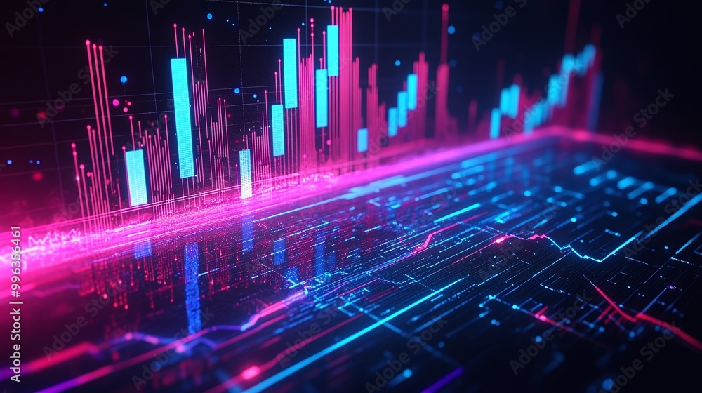 Poster abstract digital graph with vibrant blue and pink lines representing data trends and fluctuations.