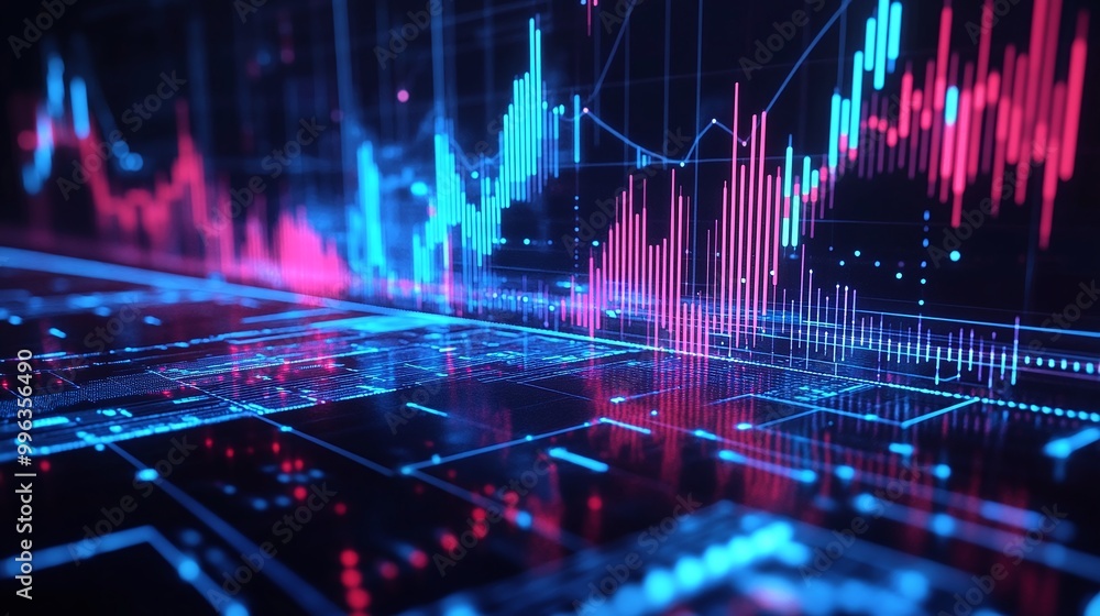 Poster abstract digital graph with vibrant colors representing data analysis and trading insights.