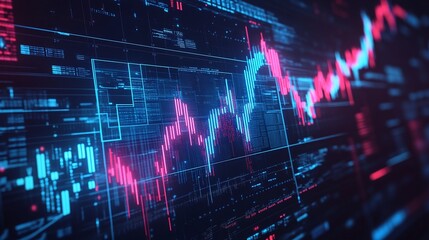 Abstract digital graph with vibrant colors representing data analysis and financial trends against a dark background.