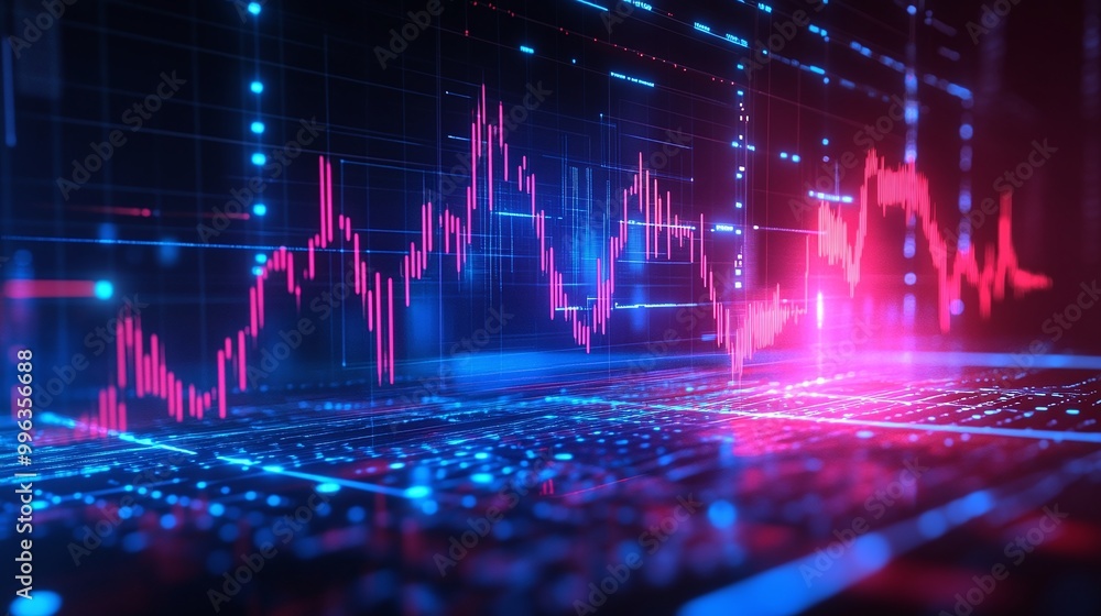 Poster abstract digital graph with vibrant colors showing fluctuating data trends on a futuristic interface