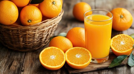 A glass of fresh orange juice with a basket full of oranges on a wooden table, perfect for a healthy lifestyle theme.