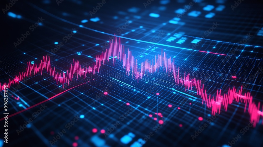 Poster abstract digital graph with vibrant pink and blue lights representing data trends and analytics.