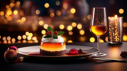 Obraz premium Festive Dessert with Wine and Christmas Decorations