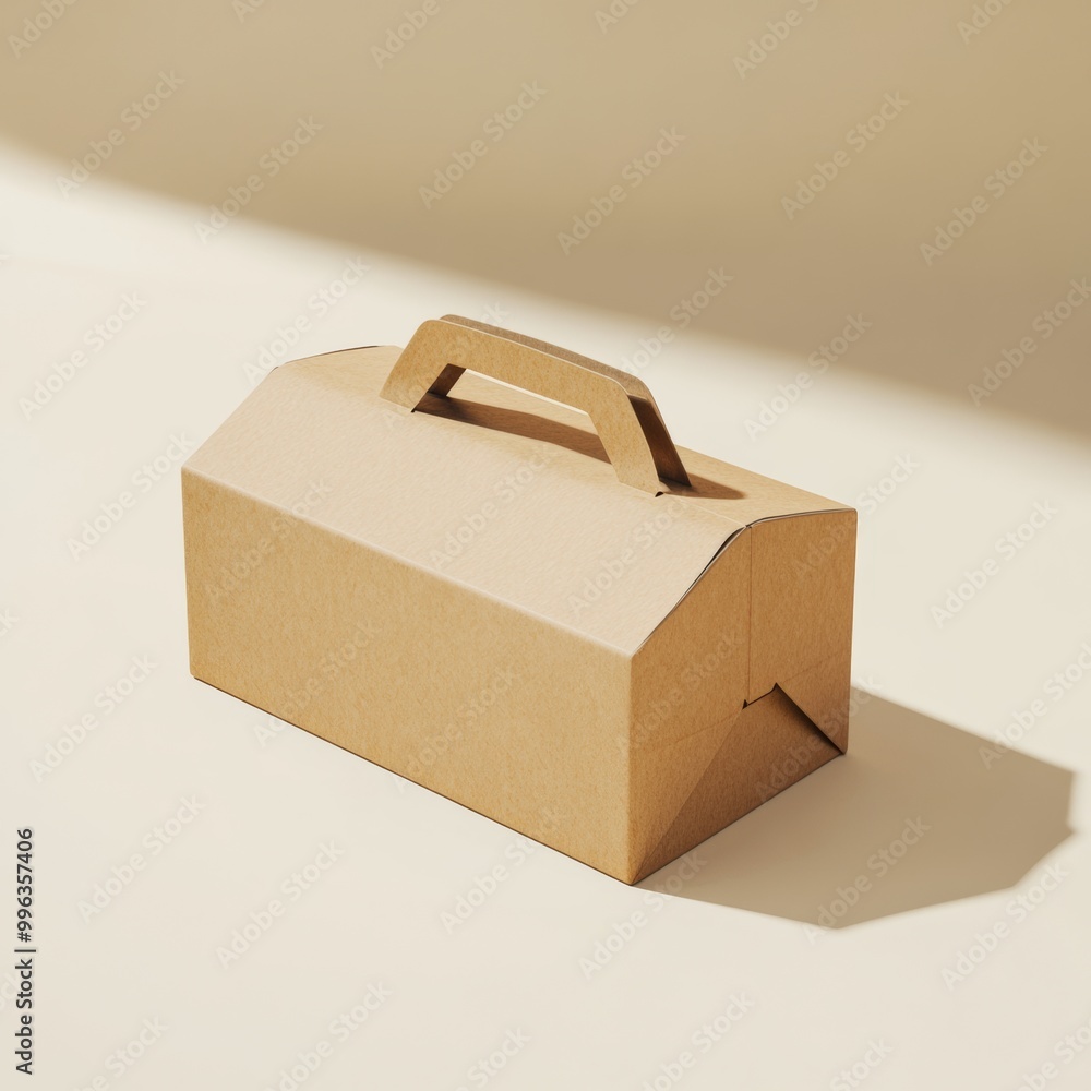Poster a closed box with a handle, designed for carrying products, isolated with soft shadows on a light ba