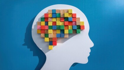 Creative Brain Concept. Colorful Wooden Blocks Forming a Geometric Brain Inside a Silhouette Head on a Blue Background, Representing Cognitive Development, Intelligence, and Problem Solving Skills