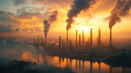 Fototapeta premium Industrial skyline with smokestacks beneath a vibrant sunset, reflecting on water surface.