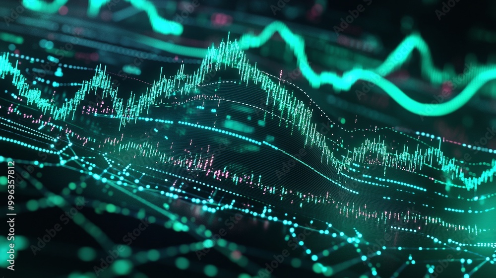 Poster abstract digital graphs with glowing lines and data visualization representing financial market tren